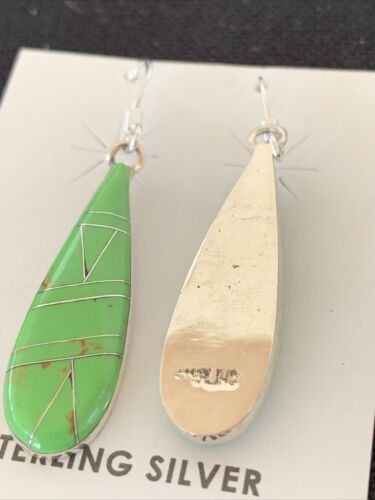 Southwestern Navajo Green Gaspeite Inlay Earrings | Sterling Silver | 1.5" | 977