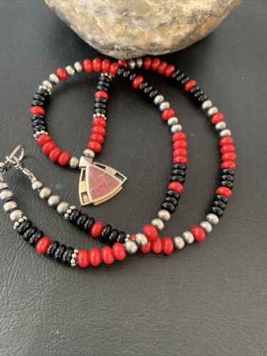 Navajo Pearls Necklace Pendant | Sterling Silver Onyx & Coral Inlay | Authentic Native American Handmade | 1930