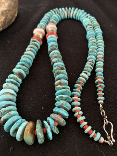 Authentic Native American Navajo Sterling Silver Necklace | Blue Turquoise & Spiny Oyster | 32" | 01672