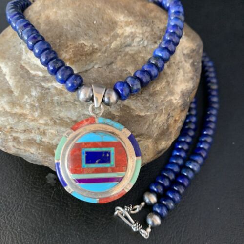 Authentic Native American Navajo Necklace | Sterling Silver with Turquoise, Lapis & Opal Pendant | 13981
