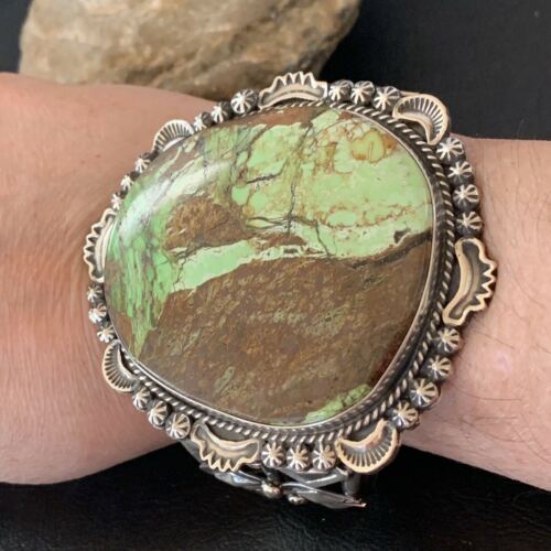 Navajo Men's Bracelet | Sterling Silver Green Gaspeite | Authentic Native American Handmade | 2047