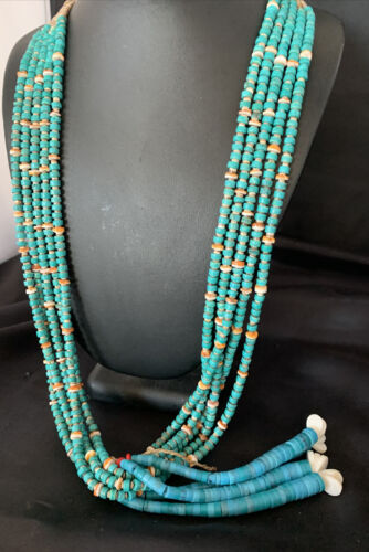 Native American Santo Domingo Spiny Blue Turquoise Shell Jacla Necklace | 5 Strand | 42" | 13189