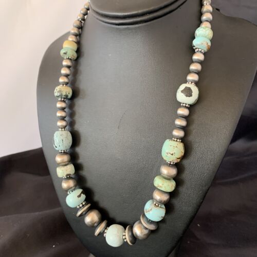 Navajo Pearl Dry Creek Turquoise Beads Necklace | Sterling Silver | 21" | Handmade | 10940