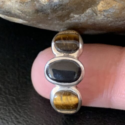 Navajo Black Onyx Coffee Tigers Eye Inlay Ring | Sterling Silver | Sz 8 | Authentic Native American Handmade | 10732 - Masha USA