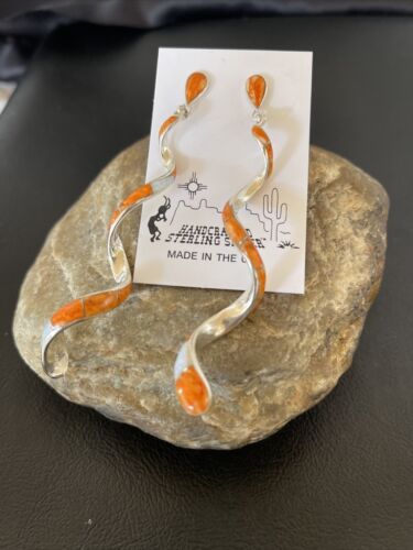 Navajo Snake Swirl Earrings | Orange Spiny Opal Inlay | Sterling Silver | 3.25" | 1547