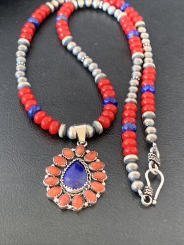 Navajo Red Stabilized Coral Lapis Necklace Cluster Pendant | Sterling Silver | Multi-Stone | 10633