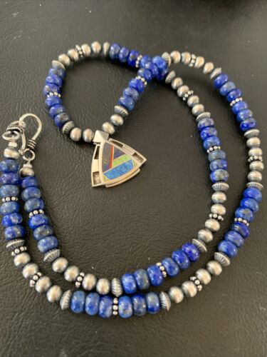 Authentic Native American Sterling Silver Navajo Pearls Necklace with Lapis Inlay Pendant | 01926