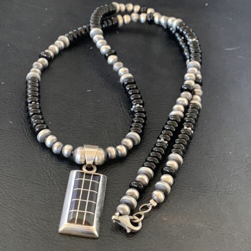 Navajo Black Onyx Inlay Pendant | Sterling Silver Necklace with Pearls | Authentic Native American Handmade | 12282
