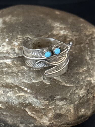 Navajo Blue Kingman Turquoise Feather Ring | Authentic Native American Sterling Silver | Multi-Stone | Sz 9 | 14793