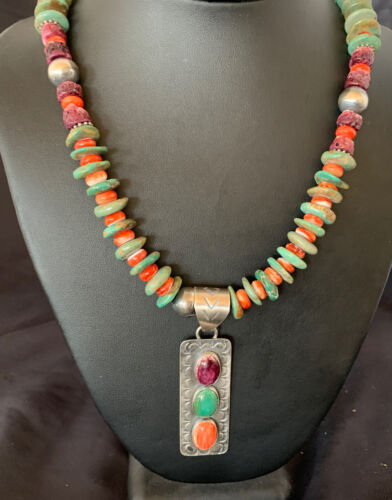 Navajo Royston Turquoise & Red Spiny Oyster Necklace Pendant | Authentic Native American Sterling Silver | Multi-Stone | 11761
