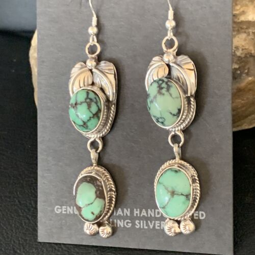 Navajo Green Spiderweb Turquoise Dangle Earrings | Sterling Silver | Authentic Native American Handmade | 13549
