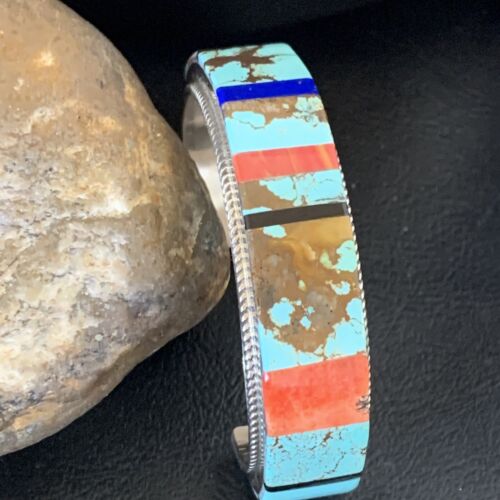 Men's Navajo Turquoise Spiny Lapis Inlay Bracelet | Sterling Silver | Authentic Native American Handmade | 12236