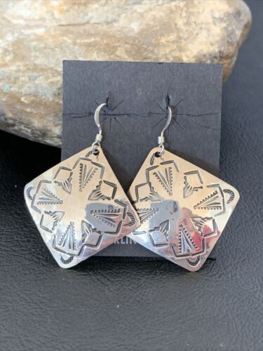 Native American Women's Dangle Earrings | Navajo Sterling Silver Stamped Handmade | 1660