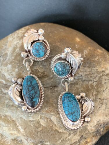 Handmade Navajo Spiderweb Turquoise Dangle Earrings | Sterling Silver | Authentic Native American | 1400