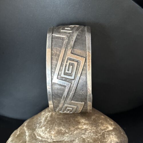 Handmade Sterling Silver Navajo Stamped Cuff Bracelet | Authentic Native American Jewelry | 14590