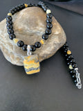 Men's Navajo Pearls Onyx Bumblebee Jasper Necklace Pendant | Sterling Silver | Native American Handmade | 10327