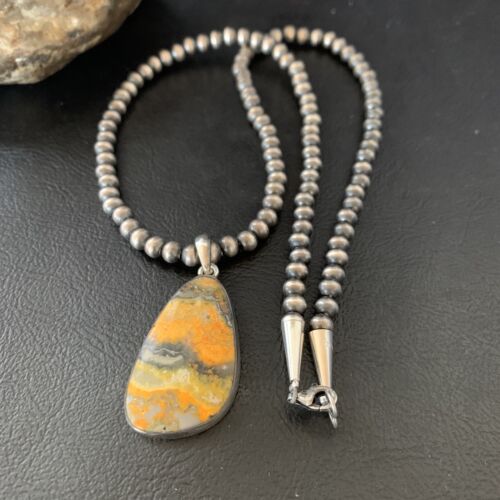 Navajo Yellow Bumblebee Jasper Pendant Necklace | Sterling Silver | Authentic Native American Handmade | 12812