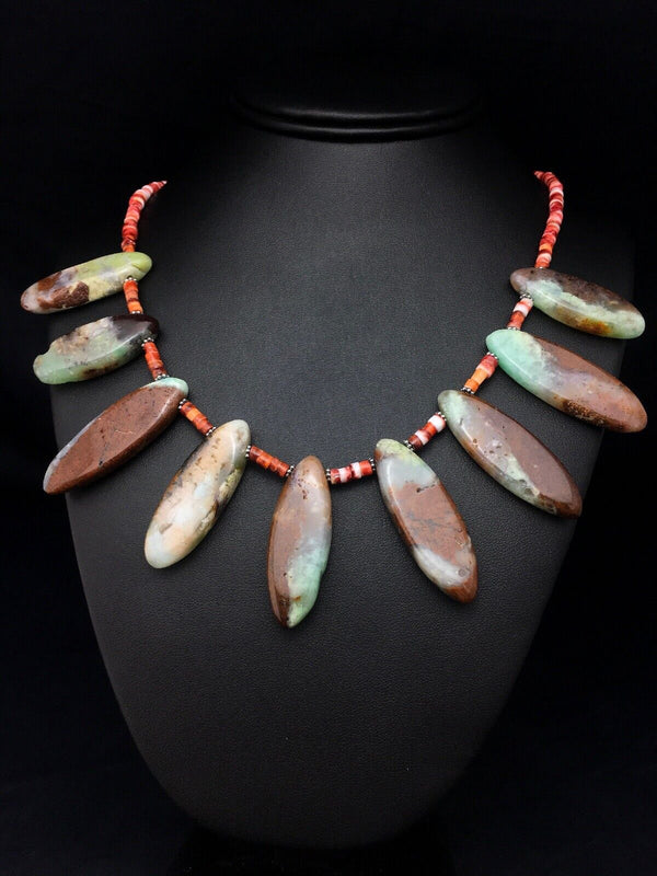 Navajo Green Chrysoprase & Spiny Oyster Necklace | Sterling Silver | 20" | Authentic Native American Handmade | 4284
