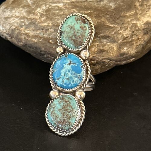 Navajo Blue Kingman Turquoise Cluster Ring | Authentic Native American Sterling Silver | Multi-Stone | Sz 8.5 | 14492