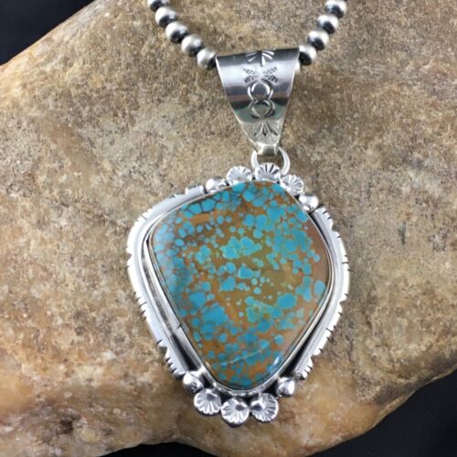 Navajo Blue #8 Turquoise Pendant | Sterling Silver | 3" | Authentic Native American Handmade | 10157