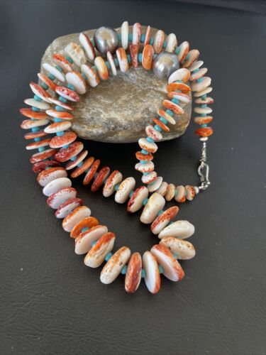 Navajo Turquoise & Red Spiny Oyster Necklace | Sterling Silver | Authentic Native American | Graduated | 20" | 10590