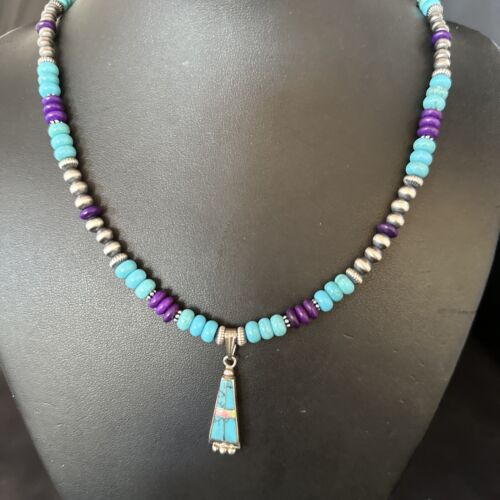 Navajo Blue Turquoise Sugilite Necklace Pendant | Sterling Silver Inlay | Authentic Native American Handmade | 14643