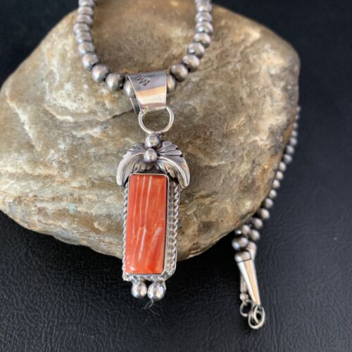 Navajo Red Spiny Oyster Square Pendant Necklace | Sterling Silver | Authentic Native American Handmade | 13635