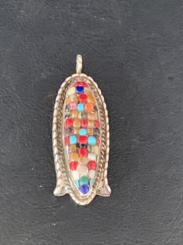Zuni Corn Coral Mother of Pearl Turquoise Inlay Pendant | Sterling Silver | 1.75" | 13689