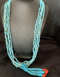 Native American Santo Domingo Blue Turquoise Coral Jacla Necklace | 5 Strand Nugget Bead | 34" | 13182