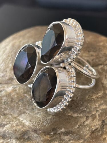 Navajo Smokey Quartz Cluster Ring | Authentic Native American Sterling Silver | Multi-Stone | Sz 8 | 11451