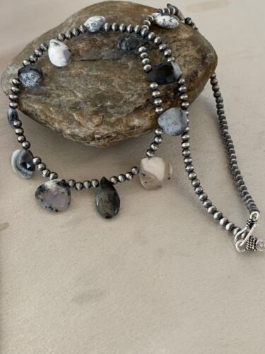 Navajo Pearls Pear Shape Necklace | Sterling Silver Black Rutile Opal Teardrop | Authentic Native American Handmade | 4088