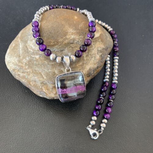 Navajo Pearls Purple Sugilite Onyx Necklace Pendant | Sterling Silver | Authentic Native American Handmade | 13396