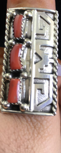 Navajo Red Coral Ring | Sterling Silver | Sz 9 | Authentic Native American Multi-Stone | 10092