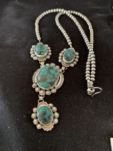Navajo Lariat Spiderweb Turquoise Pendant Necklace | Sterling Silver | 25" | Authentic Native American Handmade | 01336