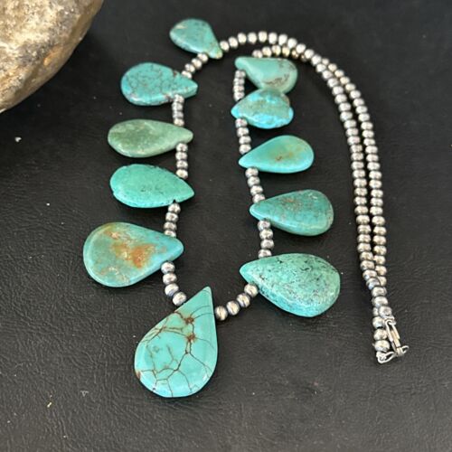 Navajo Teardrop Blue Turquoise Necklace | Sterling Silver Pearls | Authentic Native American Handmade | 14389