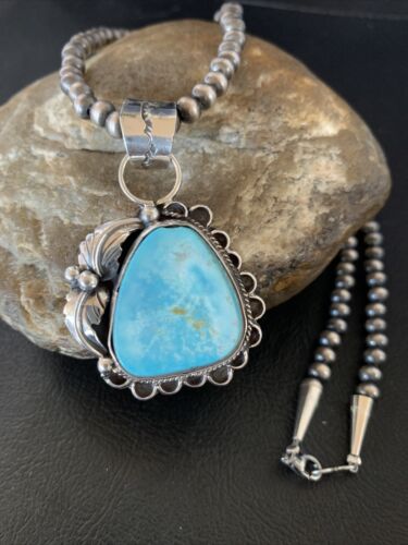 Blue Dry Creek Turquoise Pendant | Navajo Pearl Necklace | Men's Sterling Silver | 12976