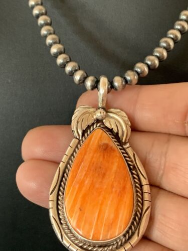 Navajo Orange Spiny Oyster Pendant Necklace | Sterling Silver | Authentic Native American Handmade | 00325