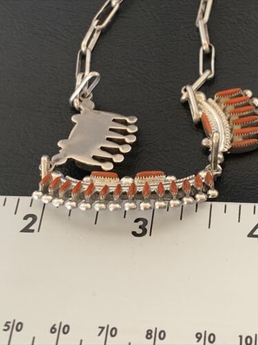 Zuni Coral Sterling Silver Petite Point Needle Necklace Pendant Earrings Set | Authentic Native American Handmade | 11909