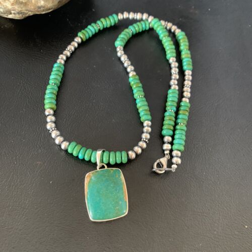 Navajo Green Turquoise Pendant Necklace | Sterling Silver Beads | Authentic Native American Handmade | 13305 - Masha USA