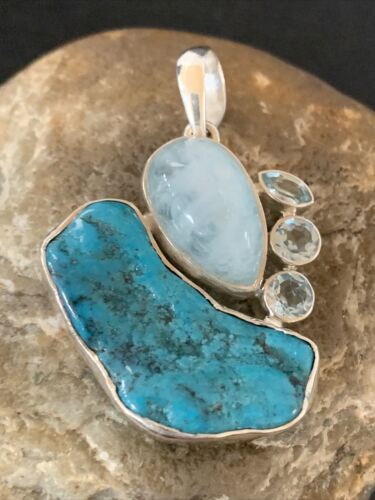 Navajo Blue Topaz Turquoise Pendant | Sterling Silver | 2" | Authentic Native American Handmade | 10832