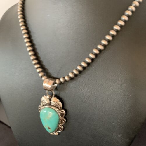 Men's Navajo Pearls Necklace with Blue Turquoise Pendant | Sterling Silver | Authentic Native American Handmade | 11137