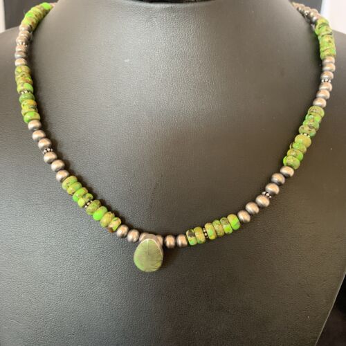 Navajo Green Gaspeite Turquoise Pendant | Sterling Silver | Authentic Native American Handmade | 13274