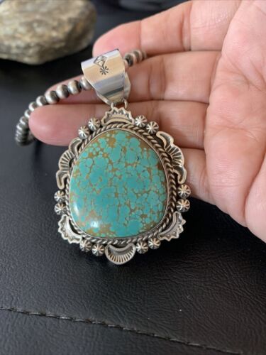 Navajo Blue #8 Turquoise Pendant Necklace | Sterling Silver | Authentic Native American Handmade | 10228