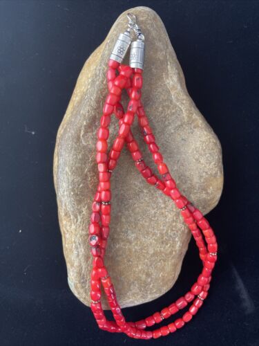 Native American Red Stabilized Coral Heishi Necklace | Sterling Silver | 18" | 1765