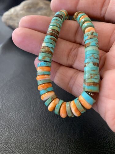 Navajo Green Turquoise & Orange Spiny Oyster Graduated Heishi Necklace | Sterling Silver | Authentic Native American | 20" | 11774