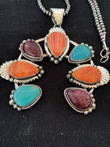 Navajo Sterling Silver Necklace with Turquoise & Spiny Oyster Naja Pendant | 00791