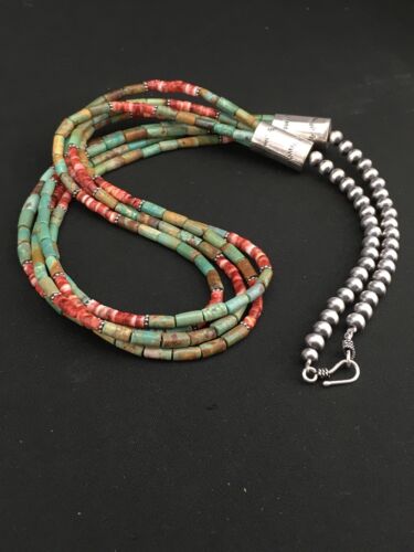 Royston Turquoise & Spiny Oyster Necklace | 4 Strand Navajo Sterling Silver | Authentic Native American Handmade | 4899