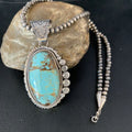Navajo Pearls Sterling Silver Necklace with Blue #8 Turquoise Pendant | 3" | Authentic Native American Handmade | 13937