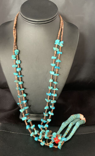 Santo Domingo Shell Blue Turquoise Bead Jacla Pendant Necklace | 30" | Authentic Native American Handmade | 13418