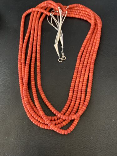 Navajo Red Coral 5-Strand Sterling Silver Turquoise Bead Necklace 22" | Native American Jewelry 12622